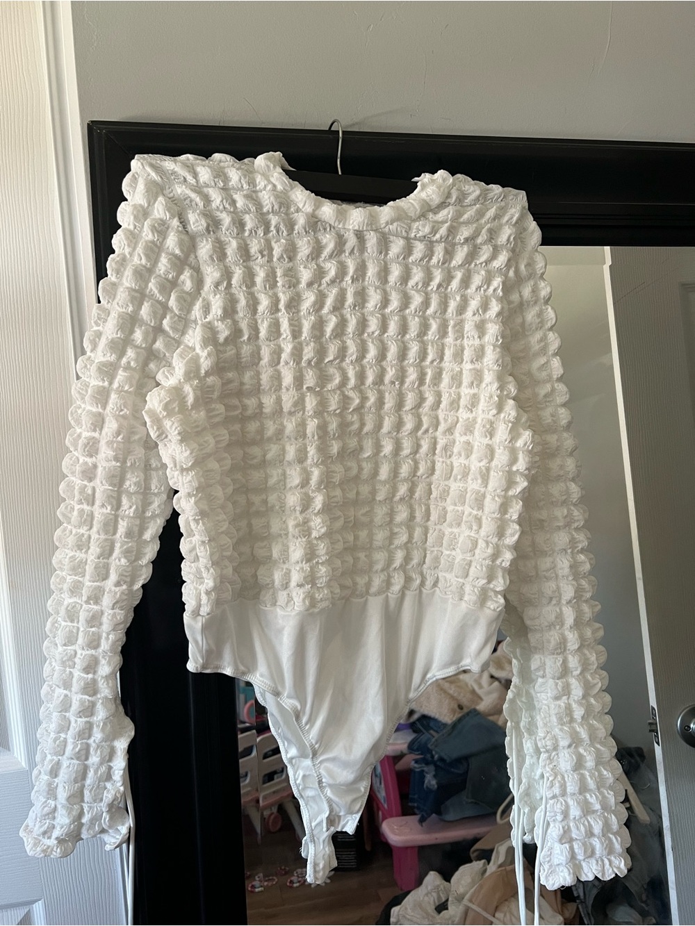 Fashion Nova White Textured Long Sleeve Bodysuit